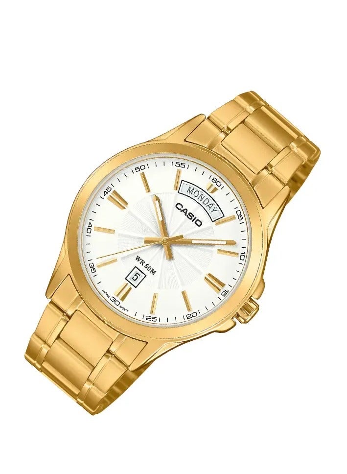 CASIO ساعة ميت بي-1381 جي دي-7 إيه في دي إف للرجال ذات قرص أبيض وإطار من الفولاذ المقاوم للصدأ بلون الذهب - Image 3