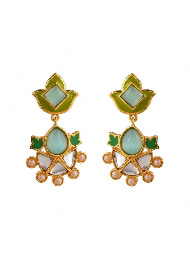 Voylla Forever More Green Enamelled Floral Pearls and Green Stones Earrings - Image 1