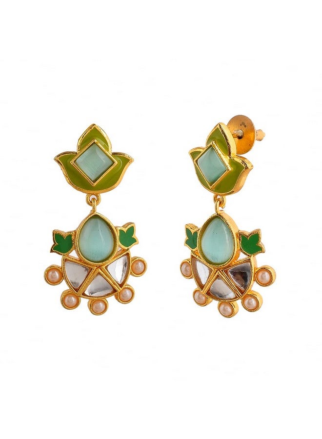 Voylla Forever More Green Enamelled Floral Pearls and Green Stones Earrings - Image 4