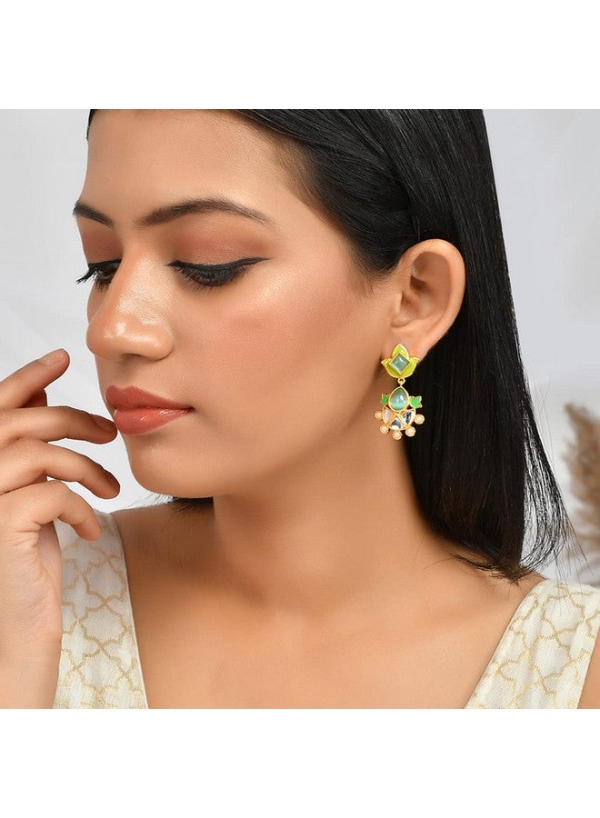 Voylla Forever More Green Enamelled Floral Pearls and Green Stones Earrings - Image 3