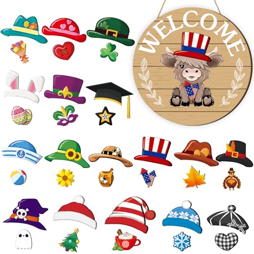 Vicenpal 35 Pcs Patriotic Interchangeable Highland Cow Welcome Sign 4th of July Highland Cow Seasonal Wooden Hanging Door Decor Farmhouse Hanging Sign for All Seasons Holiday Party DecorBrown - Image 1