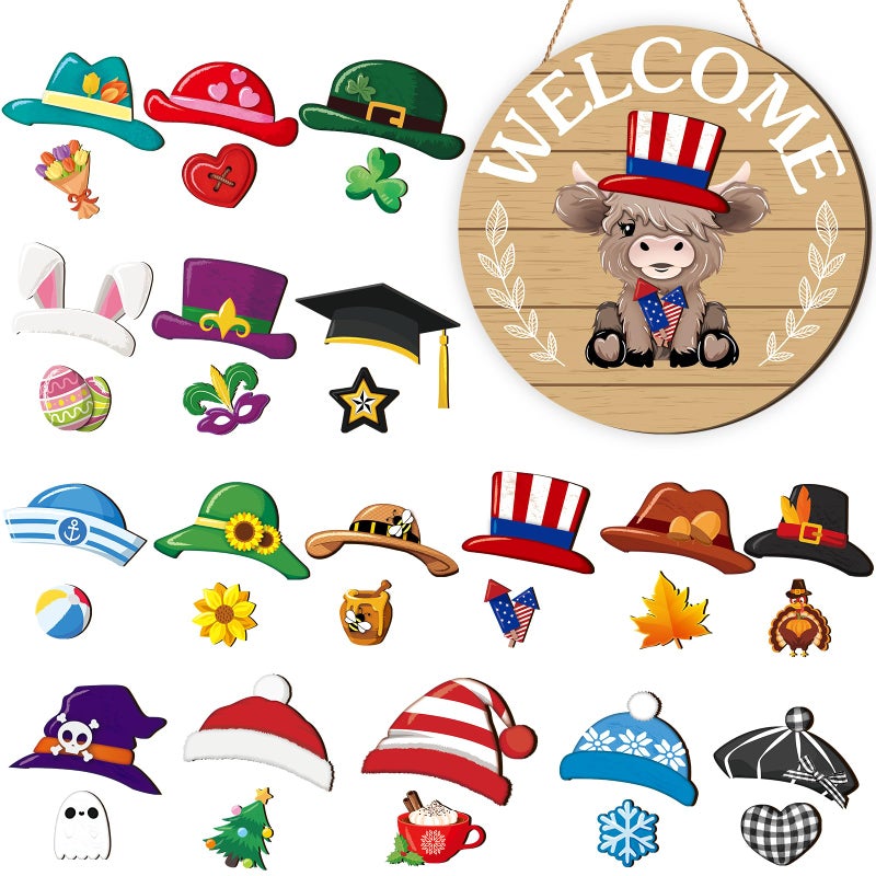 Vicenpal 35 Pcs Patriotic Interchangeable Highland Cow Welcome Sign 4th of July Highland Cow Seasonal Wooden Hanging Door Decor Farmhouse Hanging Sign for All Seasons Holiday Party DecorBrown - Image 2