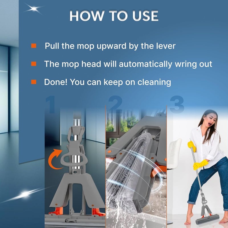 Flygon PVA Sponge Mop with Adjustable Handle Super Absorbent Sponge Roller Mop Wet Dry Use Sponge Floor Mop Self Wringing Sponge Mop Removable Reusable Squeeze Roller Mop for Home Floor - Image 3
