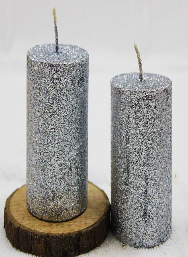 Luces Smokeless Scented Paraffin Wax 2.5"X3" Silver Glitter Round Pillar Candles for Decoration Party Christmas New Year Birthday Pack of 2 - Image 1