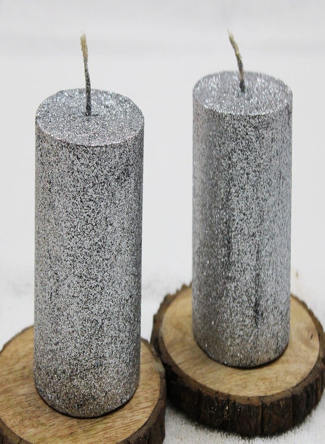 Luces Smokeless Scented Paraffin Wax 2.5"X3" Silver Glitter Round Pillar Candles for Decoration Party Christmas New Year Birthday Pack of 2 - Image 2