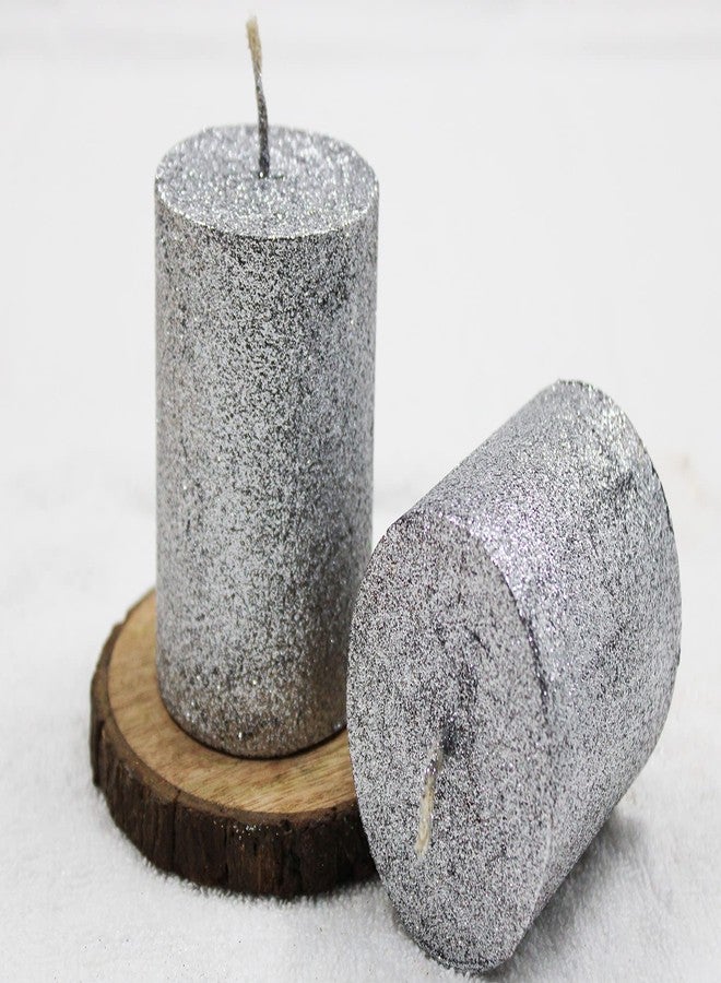Luces Smokeless Scented Paraffin Wax 2.5"X3" Silver Glitter Round Pillar Candles for Decoration Party Christmas New Year Birthday Pack of 2 - Image 3