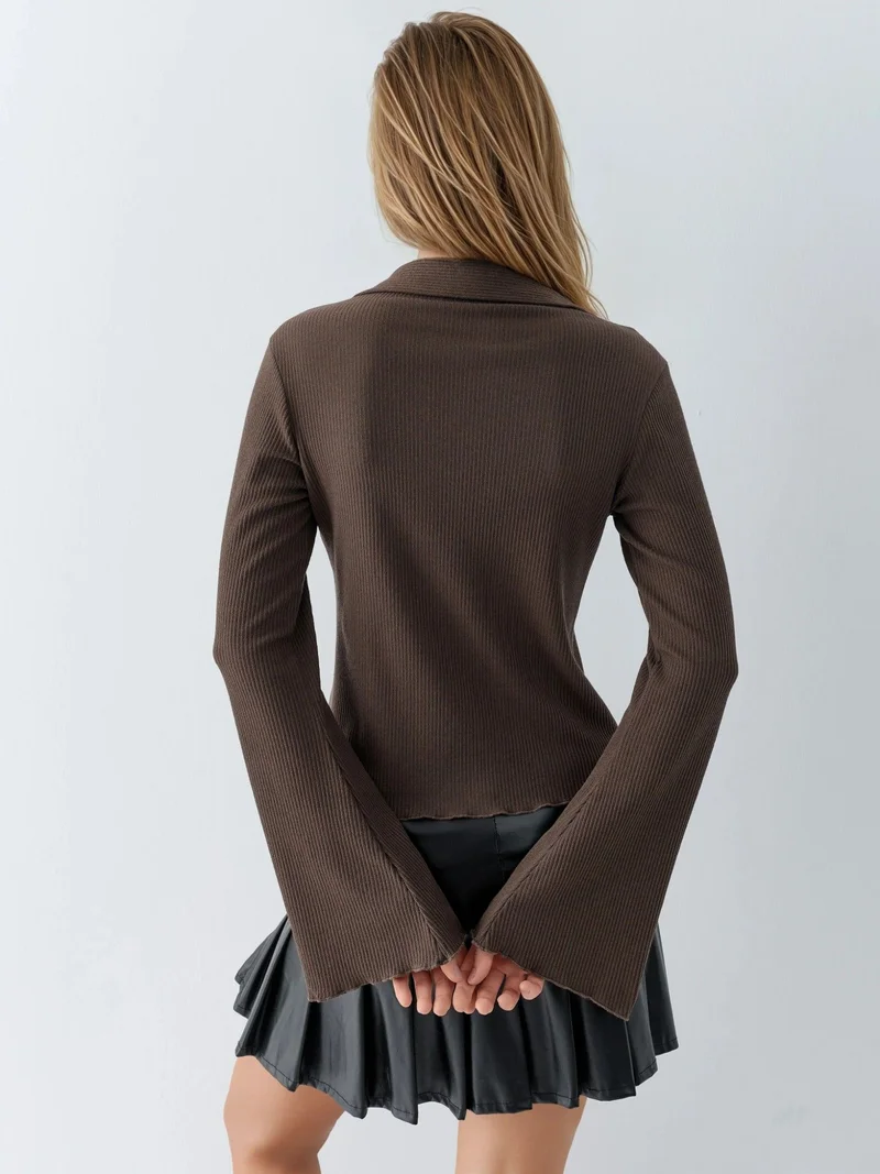 HICCUP Long Sleeve Textured Blouse with Button Closure