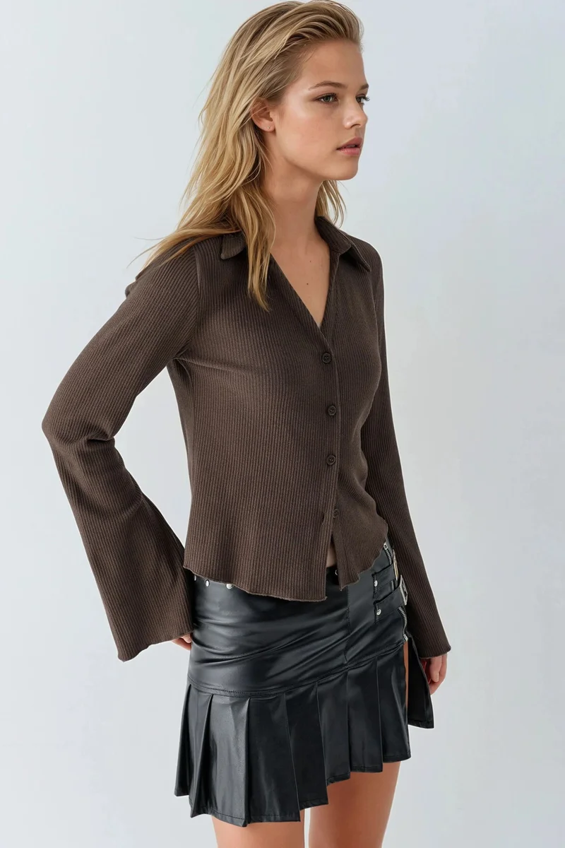 Hiccup Dark Mocha Brown Long Sleeve Textured Blouse with Button Closure for Women | Best Price UAE