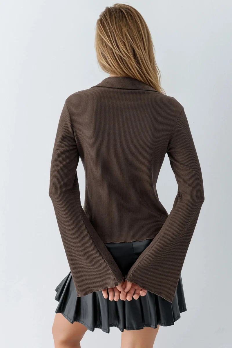 Hiccup Dark Mocha Brown Long Sleeve Textured Blouse with Button Closure for Women | Best Price UAE