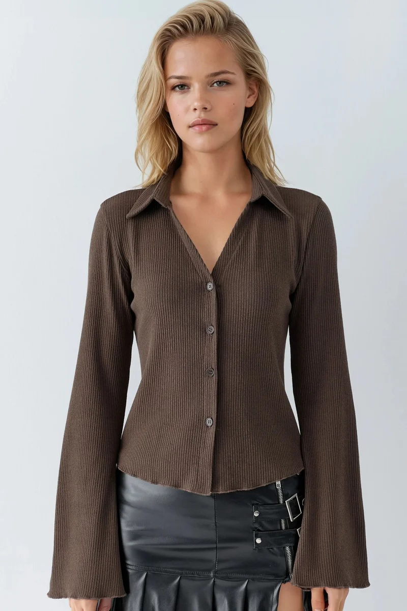 Hiccup Dark Mocha Brown Long Sleeve Textured Blouse with Button Closure for Women | Best Price UAE