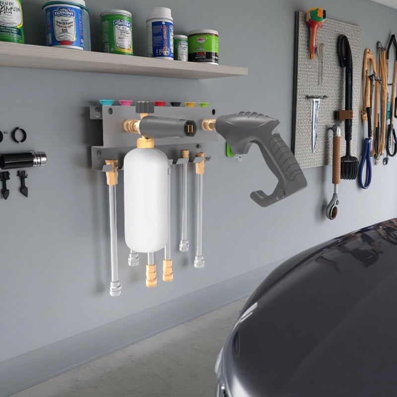 Pressure Washer Tool Storage Rack, Wall Mount Gun Holder, 7-Hole Nozzle & Foam Cannon Holder, Gray Metal 11.2 X 4.7 X 2 in - Image 2