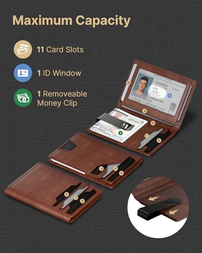 typecase محفظة جلدية للرجال من تايب كيس: جلد طبيعي فاخر، حماية من RFID، نحيفة، بسيطة، جيب أمامي - سعة 15 بطاقة | نافذة هوية | مشبك نقود (بني) - Image 3