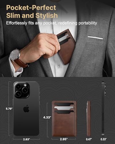 typecase محفظة جلدية للرجال من تايب كيس: جلد طبيعي فاخر، حماية من RFID، نحيفة، بسيطة، جيب أمامي - سعة 15 بطاقة | نافذة هوية | مشبك نقود (بني) - Image 5