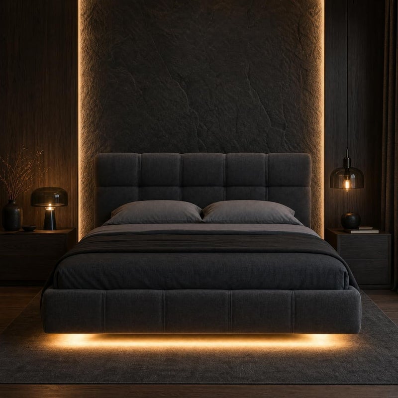 Modern Upholstered LED Floating Bed Frame with Tufted Headboard - Dark Grey, Single (100 x 200 cm) - Image 1