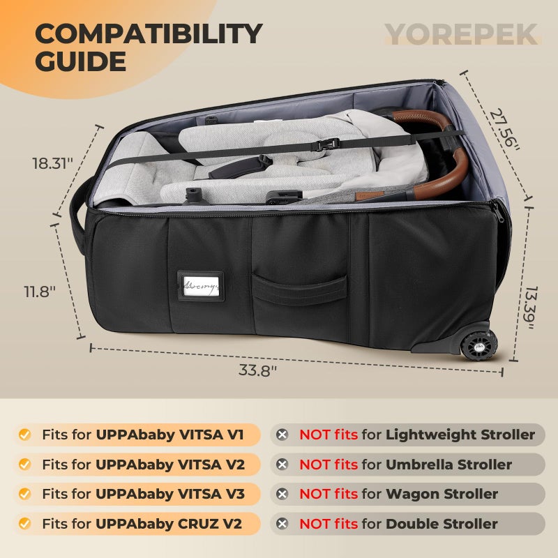 YOREPEK Stroller Bag Compatible with UPPAbaby Vista V2/V3 and Cruz V2 (No Wheel Removal Needed), Padded Stroller Travel Bag with Wheels, Foldable Stroller Cover with Storage Pocket, All Black - Image 3