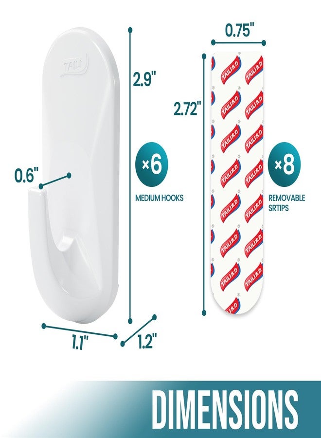 TAILI Damage-Free Hanging Hooks with Adhesive Strips,Heavy Duty Utility Hooks for Home Storages and Hanging Decorations, Holds up to 3 lb, 6 Pack and 2 Pcs Adhesive Strips Included-White - Image 4