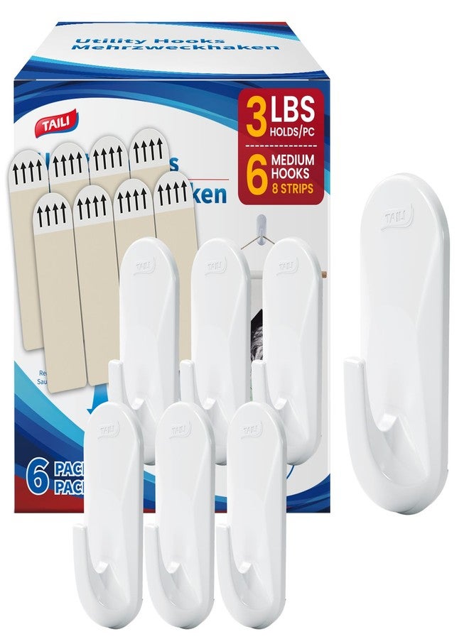 TAILI Damage-Free Hanging Hooks with Adhesive Strips,Heavy Duty Utility Hooks for Home Storages and Hanging Decorations, Holds up to 3 lb, 6 Pack and 2 Pcs Adhesive Strips Included-White - Image 1