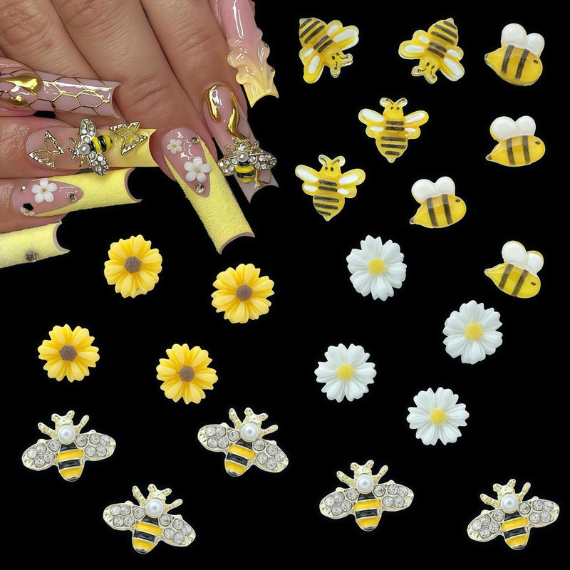 BHCCXZ 100PCS Nail Charms and Gems Gold Bee Yellow Flower for Nails Designï¼Œ3D Daisy Y2k Nail Jewels Bulk Nail Art Decor Set - Image 3