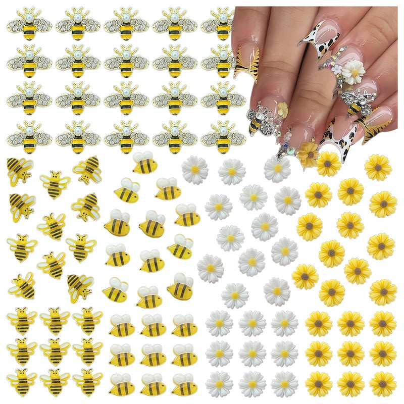 BHCCXZ 100PCS Nail Charms and Gems Gold Bee Yellow Flower for Nails Designï¼Œ3D Daisy Y2k Nail Jewels Bulk Nail Art Decor Set - Image 1