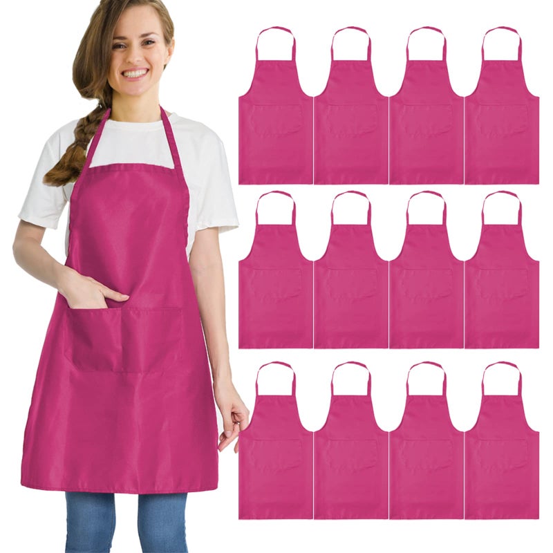 multifuns 12 pcs Pink Aprons Bulk Waterdrop Resistant for Women Men Kitchen Cooking Grilling Aprons with 2 Pockets 24x28 inch Pink