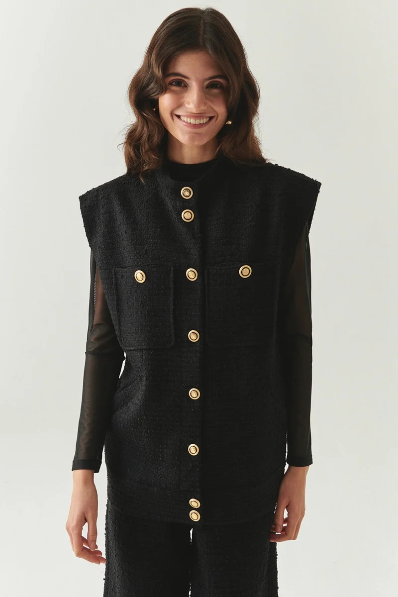 EXQUISE Button-Detailed Pocketed Regular Woven Black Vest
