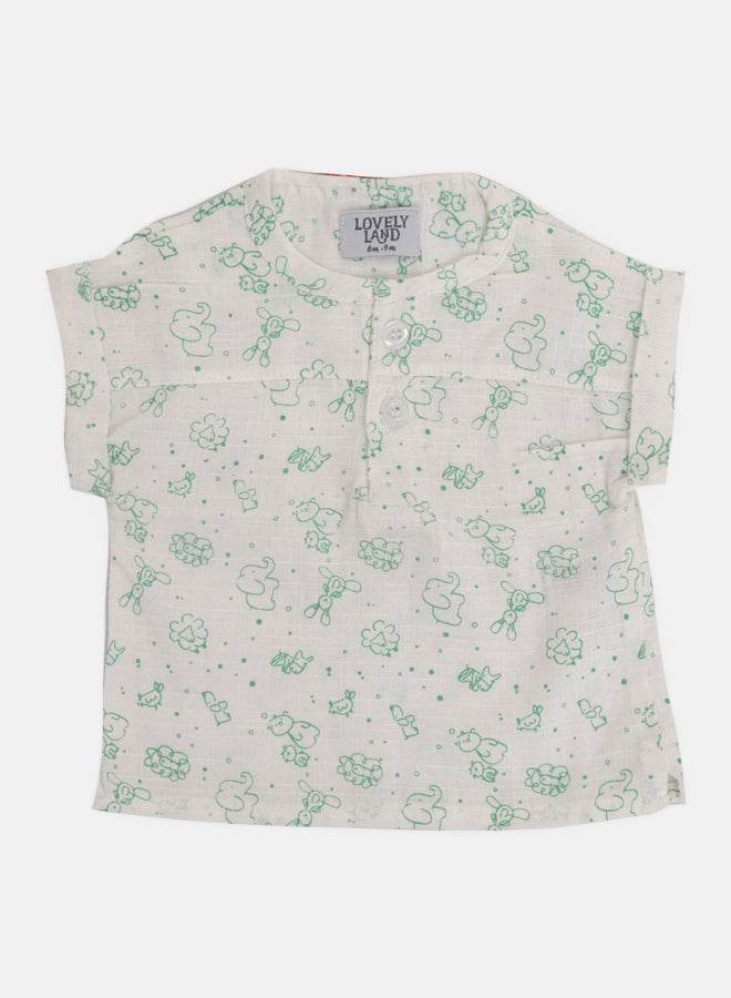 LOVELY LAND Boys Green Half Sleeve Buttoned Shirt with Animal Print