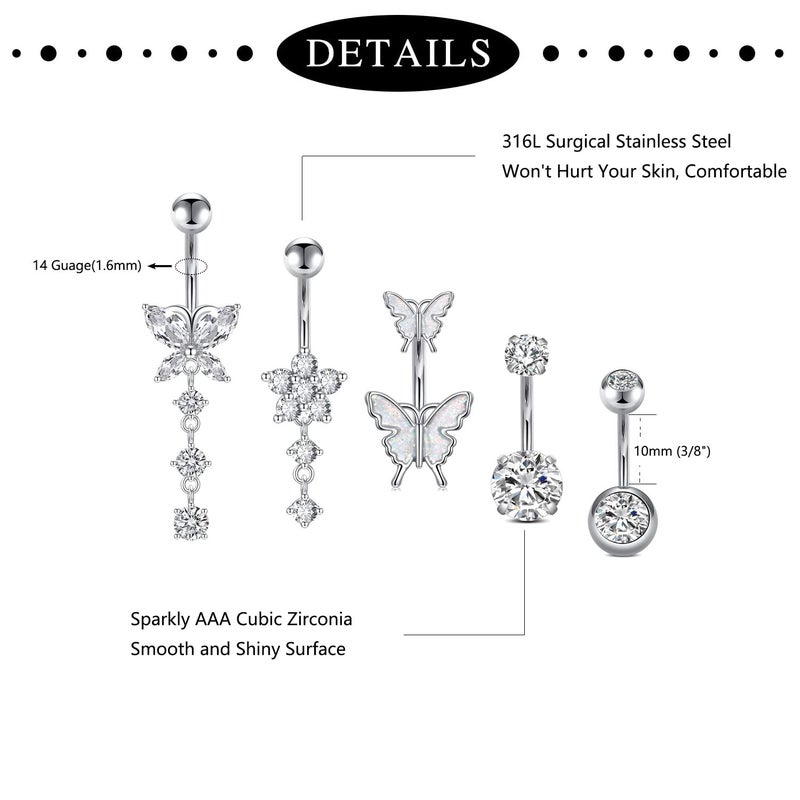 Incaton 14G Belly Button Rings, Stainless Steel Diamond Belly Rings For Women, Dangle Belly Button Rings With Butterfly, 10mm Bar Navel Piercings Silver 10mm - Image 2
