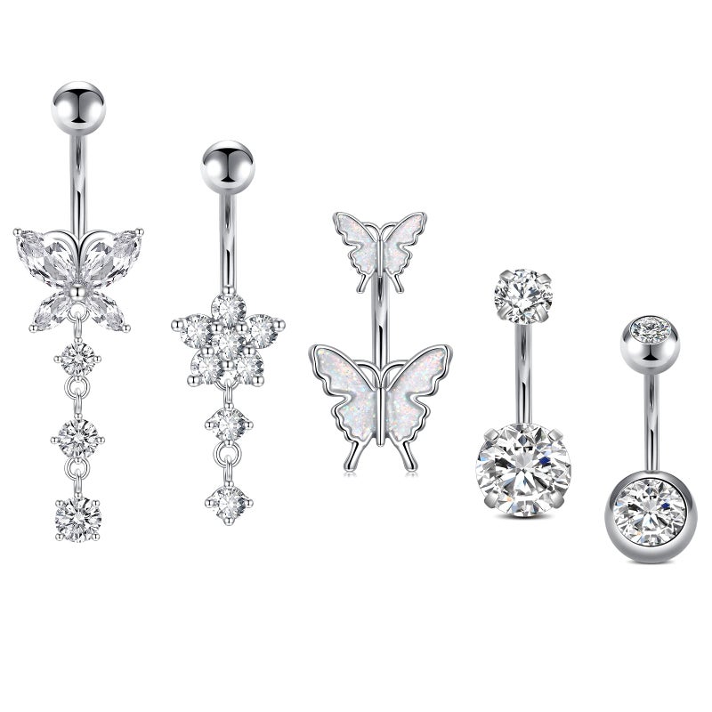 Incaton 14G Belly Button Rings, Stainless Steel Diamond Belly Rings For Women, Dangle Belly Button Rings With Butterfly, 10mm Bar Navel Piercings Silver 10mm - Image 1