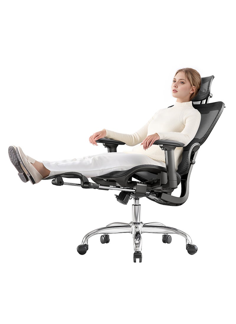 LarkLeaves - Ergonomic Office/Gaming Chair with 5-Level Adjustable Footrest & Backrest & 2D Lumbar Support - 3D Armrests & Headrest - 145° Recline - Breathable Mesh Back & Seat, Black - Image 1