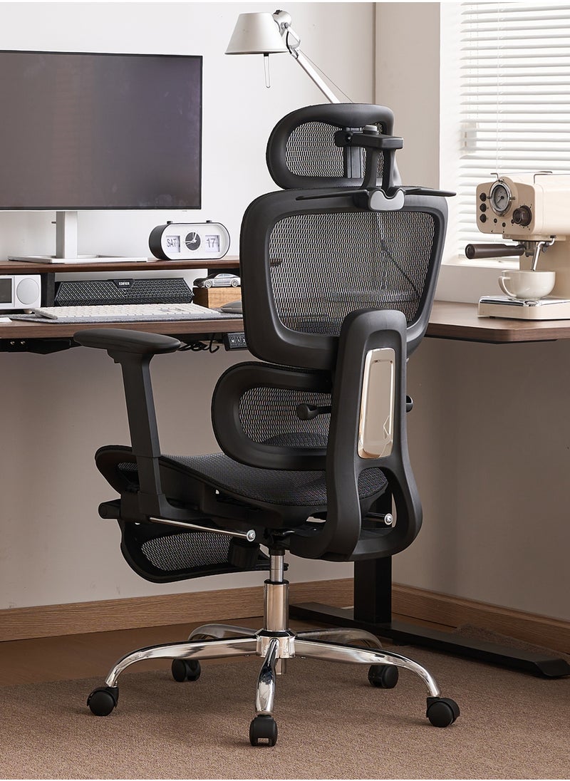 LarkLeaves - Ergonomic Office/Gaming Chair with 5-Level Adjustable Footrest & Backrest & 2D Lumbar Support - 3D Armrests & Headrest - 145° Recline - Breathable Mesh Back & Seat, Black - Image 1