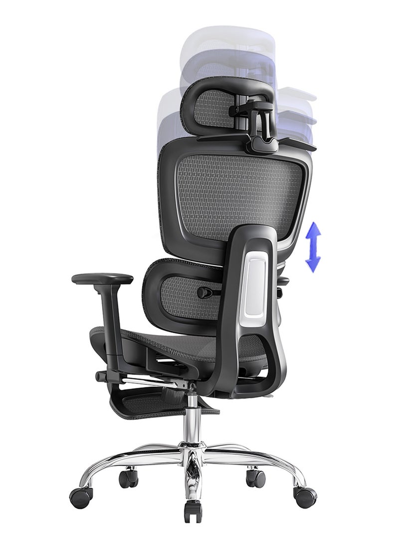 LarkLeaves - Ergonomic Office/Gaming Chair with 5-Level Adjustable Footrest & Backrest & 2D Lumbar Support - 3D Armrests & Headrest - 145° Recline - Breathable Mesh Back & Seat, Black - Image 1