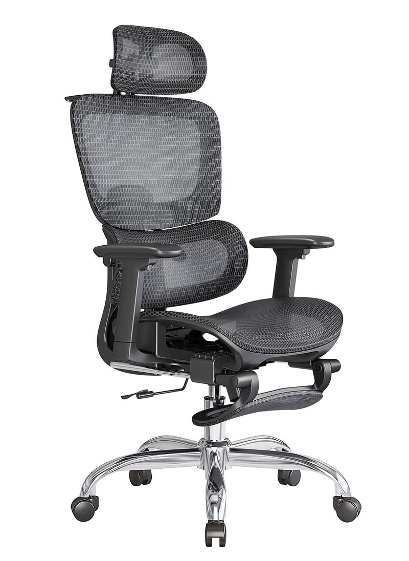 LarkLeaves - Ergonomic Office/Gaming Chair with 5-Level Adjustable Footrest & Backrest & 2D Lumbar Support - 3D Armrests & Headrest - 145° Recline - Breathable Mesh Back & Seat, Black - Image 1