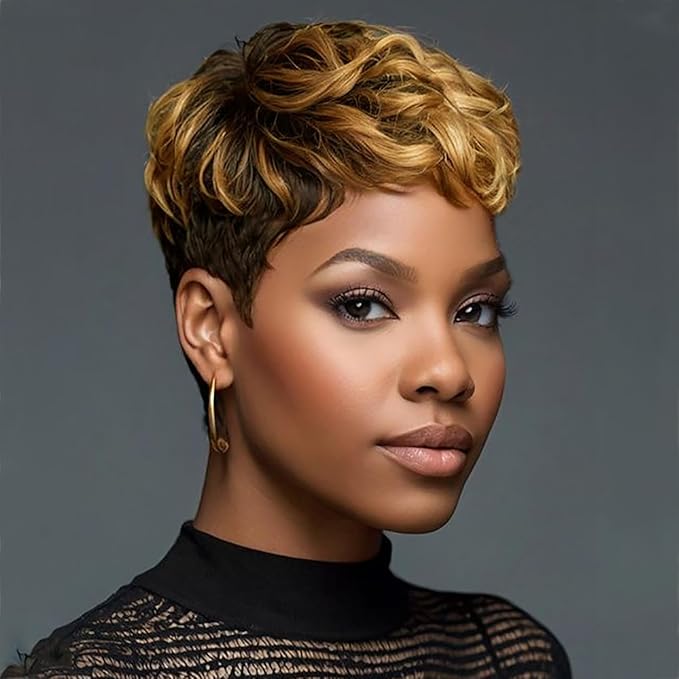 Short Pixie Wig Layered Honey Blonde Highlights Heat Resistant Synthetic Hair Wigs for Women Mixed Blonde Brown Hairstyles Short Haircut Wig Synthetic Hair Ombre Brown