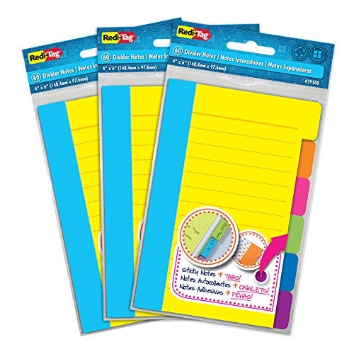 Redi-Tag Divider Sticky Notes, Tabbed Self-Stick Lined Notepads, 180 Ruled Notes, 4" x 6", 3 Books Per Pack, Assorted Colors (B10245) - Image 1
