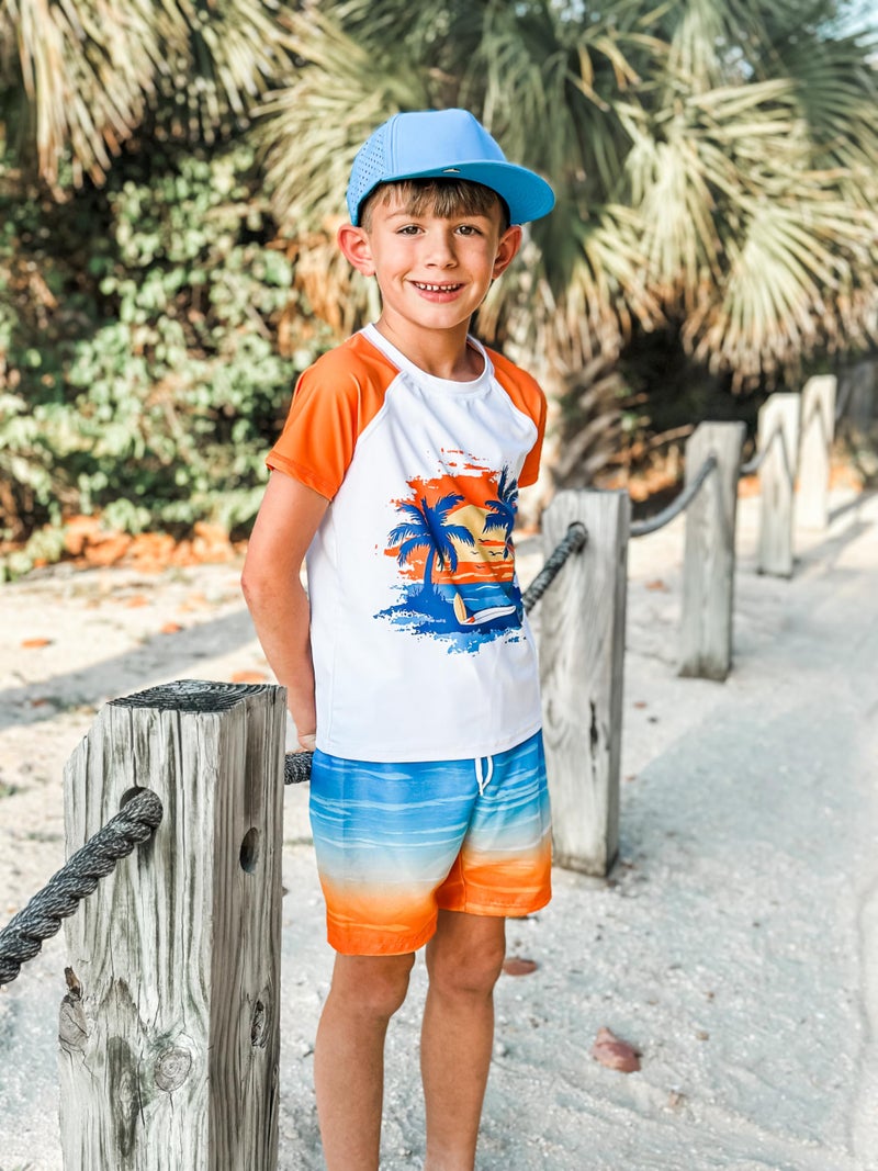SunFocus 5T Boys Swimsuit Set Tropical 2 Piece Bathing Suit Orange Boys' Swimwear Sets Rash Guard Sunset Shorts Trunks with Liner - Image 3