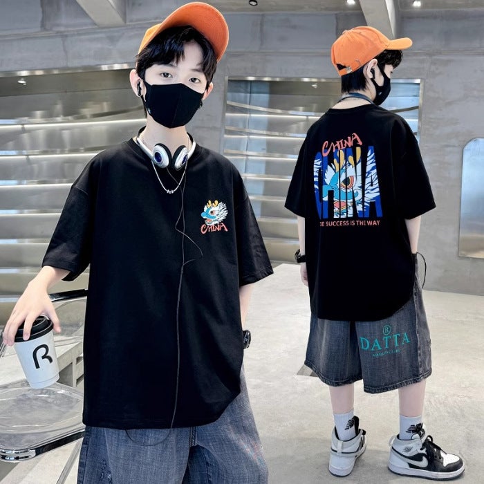Summer Pure Cotton Short-Sleeved T-Shirt For Middle And Large Children 2026 New Style Kidsren'S Boys' Summer Clothing Handsome Half-Sleeved T-Shirt Top - Image 1
