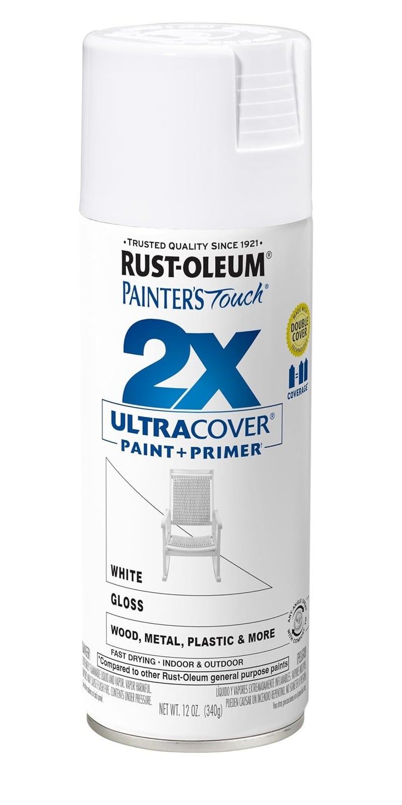 Rust-Oleum Painter’s Touch 2X Ultra Cover White Gloss Paint + Primer Spray, 12 oz / 340 g, Fast-Drying Indoor & Outdoor Paint for Wood, Metal, Plastic and More - Image 1