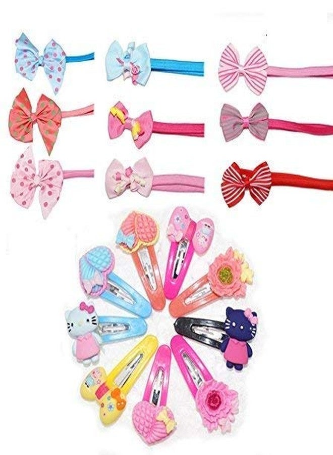 FOK 3 Pairs Multi Color Tik Tok Hairpins & 3 Pcs Of Bow Elastic Headbands For Babies (Random Design) - Image 1