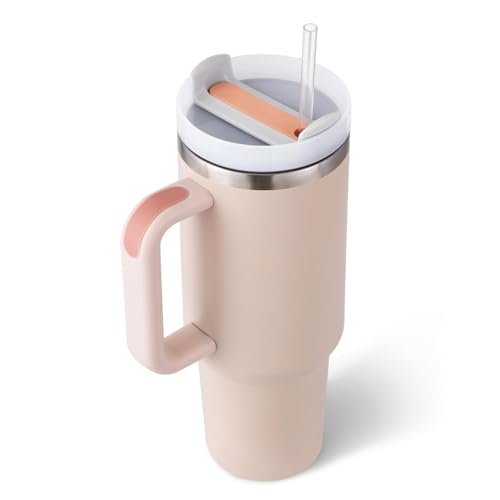 IKTU 1200ML Stainless Steel Tumbler Hot and Cold with Straw Handle and Lid, Double Insulated Cup Leak Proof Mug Cupholder for Office, Gym, Travelling (Rose Quartz) - Image 1