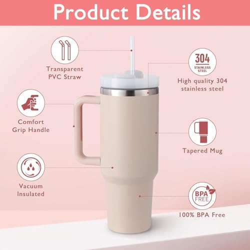 IKTU 1200ML Stainless Steel Tumbler Hot and Cold with Straw Handle and Lid, Double Insulated Cup Leak Proof Mug Cupholder for Office, Gym, Travelling (Rose Quartz) - Image 4