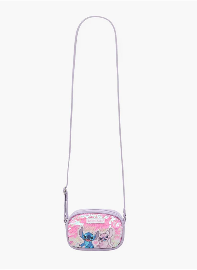 ديزني Girls Angel and Stitch Print Sequin Embellished Crossbody Bag with Zip Closure