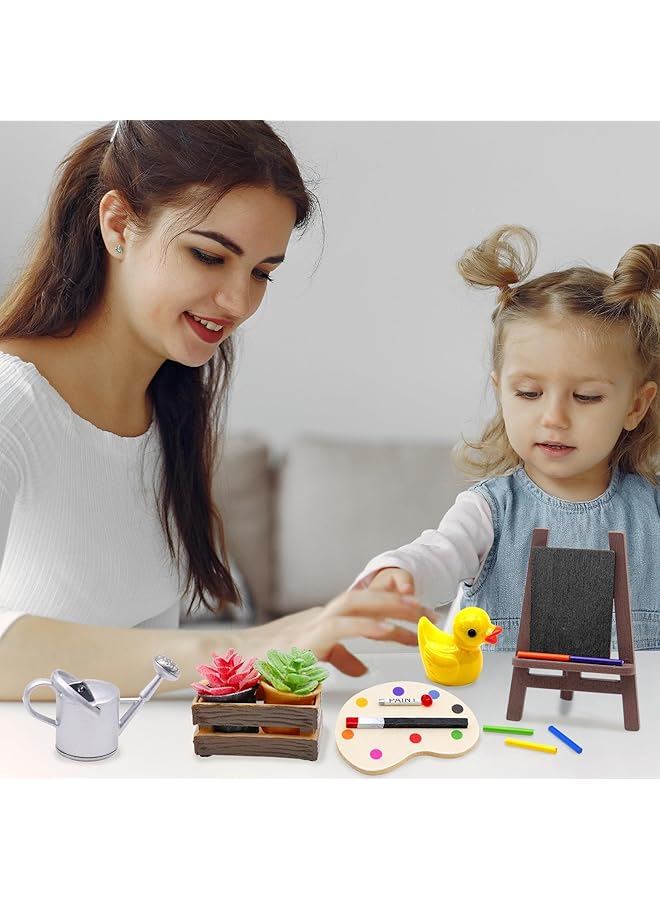 KASTWAVE Mini Painting Art Set Miniature Easel Palette Watercolor Brush Potted Plant & Watering Can Field Sketch Scene Props For Dollhouses Diy Dioramas And Model Decor - Image 3