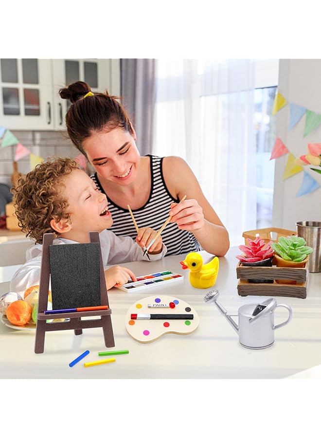 KASTWAVE Mini Painting Art Set Miniature Easel Palette Watercolor Brush Potted Plant & Watering Can Field Sketch Scene Props For Dollhouses Diy Dioramas And Model Decor - Image 4