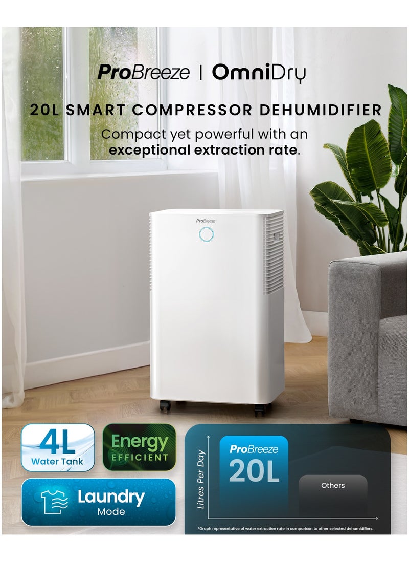 Pro Breeze 20L/Day Smart Compressor Dehumidifier with 4L Water Tank, Laundry Drying & Automatic Humidity Sensor - Mould Remover with 24-Hour Timer and Sleep Mode for Damp, Mould and Condensation  - Image 2