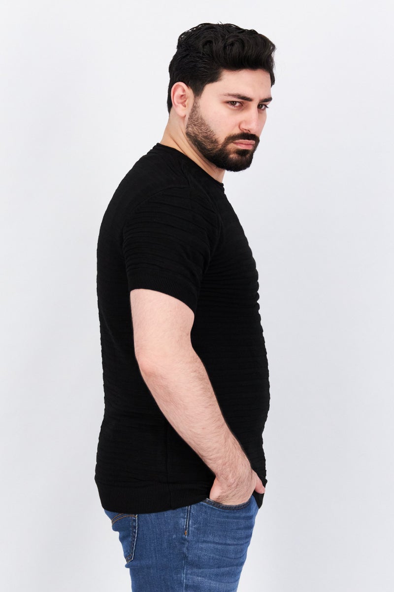 Tailored Recreation Men Round Neck Short Sleeve Textured T-Shirt, Black - Image 3