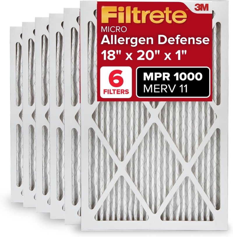 FILTRETE 18x20x1 AC Furnace Air Filter, MERV 11, MPR 1000, Micro Allergen Defense, 3-Month Pleated 1-Inch Electrostatic Air Cleaning Filter, 6 Pack (Actual Size 17.81x19.81x0.81 in) - Image 1