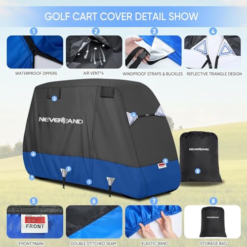 NEVERLAND Golf Cart Cover 4 Passenger - Heavy Duty 600D Golf Cart Covers, Waterproof Club Car Golf Cart Cover with Side Zipper Doors Compatible with EZGO Yamaha Club Car 4 Seat (Up to 115 Inch) - Image 3