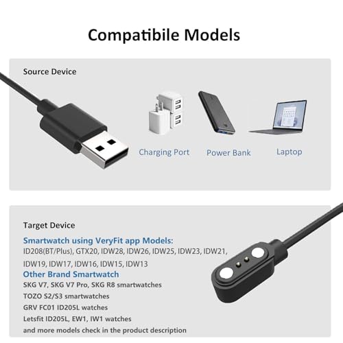 VBANU VeryFit Smartwatch Charger, Fit for ID208, GTX20, IDW13/15/16/17, IDW19/20/25/26/28 and More, Replacement Magnetic USB Cable for Fast and Easy Charging, 3.3 ft, (ID-cableX2) - Image 4