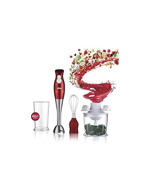 DSP 4 in 1 Hand Blender 200W, Full Copper Motor 5420 2 Speed ​​Operation With Soft Touch Switch Removable Foot Stainless Steel Blades for Blending With Blending, Whisking, and Mincing Functions 500ml Chopper, 700ml Whisk-1 Year Warranty-KM1004-Red