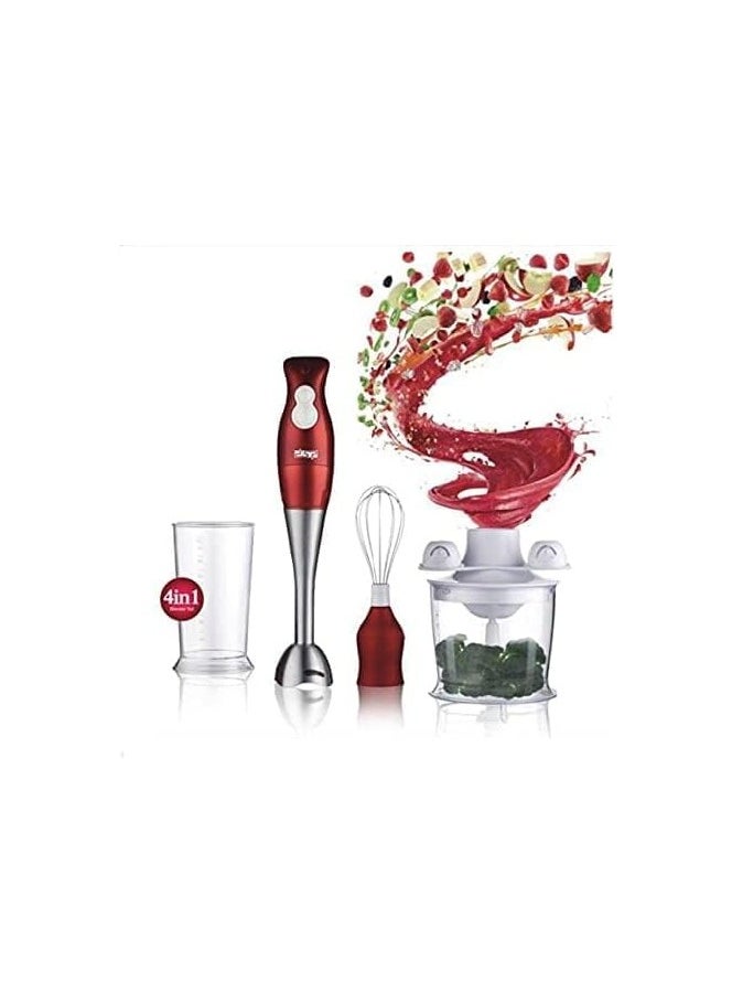 DSB - DSP 4 in 1 Hand Blender 200W, Full Copper Motor 5420 2 Speed ​​Operation With Soft Touch Switch Removable Foot Stainless Steel Blades for Blending With Blending, Whisking, and Mincing Functions 500ml Chopper, 700ml Whisk-1 Year Warranty-KM1004-Red - Image 1